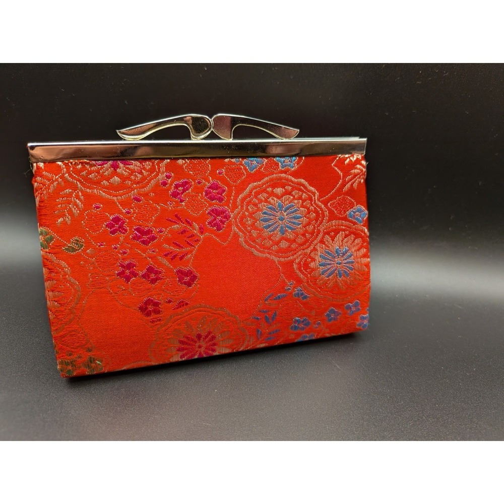Red Silk Chinese Floral Embroidered Brocade Clutch Handbag Kissing Clasp Small - Picture 1 of 4